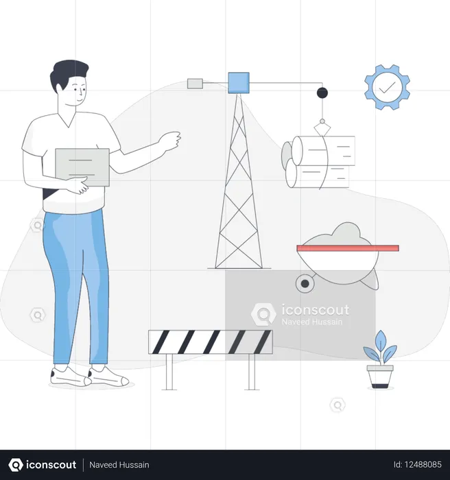 Homem em pé ao lado de equipamentos de construção e diversas ferramentas em um canteiro de obras  Ilustração