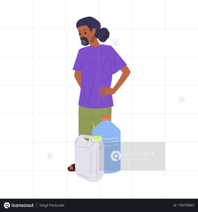 Homem em pé com garrafa vazia e lata esperando por água potável  Ilustração