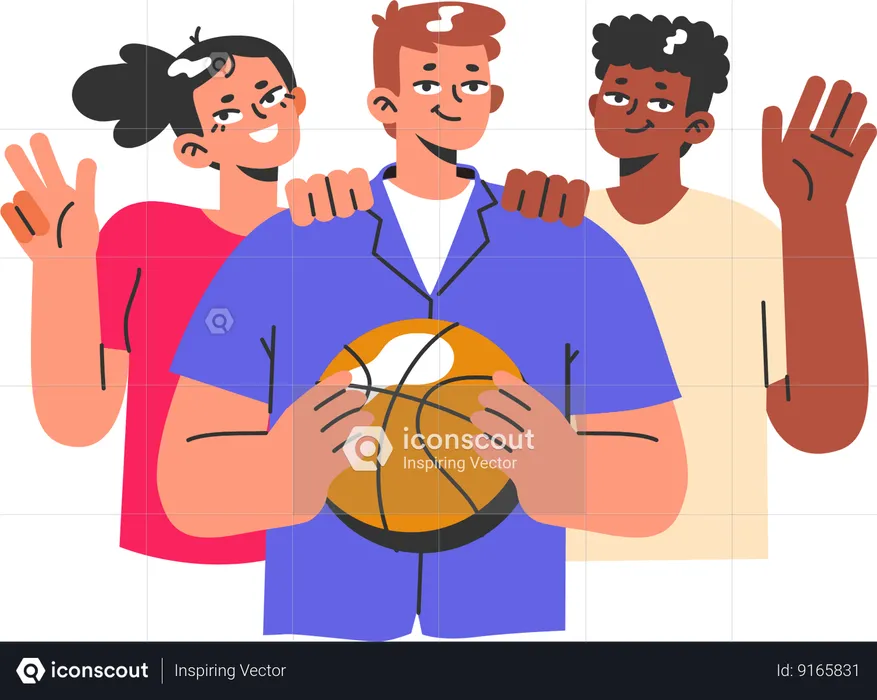 Homem em pé com time de basquete enquanto segura basquete  Ilustração