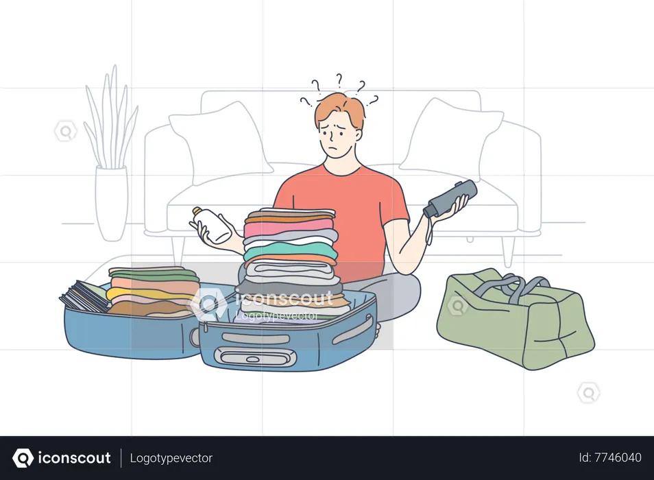 Homem fazendo mala para viagem  Ilustração