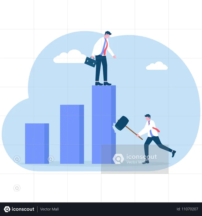 Empresário cortando gráfico de barras com outro empresário em cima  Ilustração