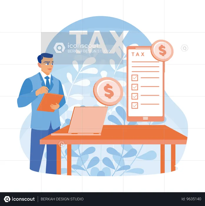 Empresário masculino preenchendo formulário fiscal on-line  Ilustração