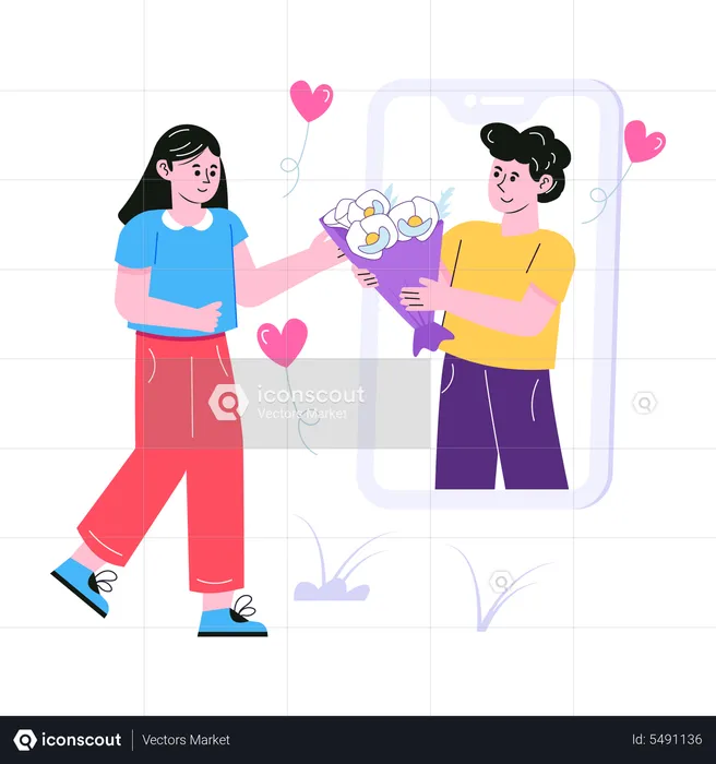 Homem enviando buquê de flores para garota online  Ilustração