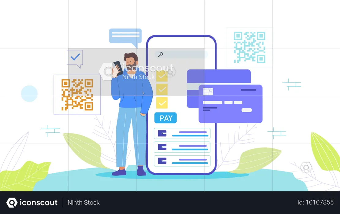 Homem escaneia código QR para pagar valor online  Ilustração