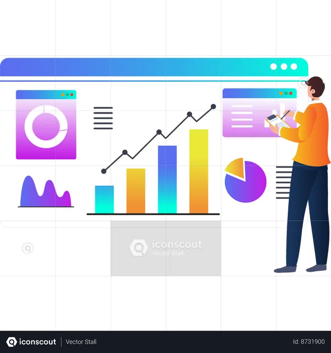 Homem escrevendo sobre gráfico analítico da página web  Ilustração