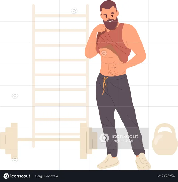 Homem hipster esportivo se gabando de seu forte músculo abdominal após exercício físico na academia  Ilustração