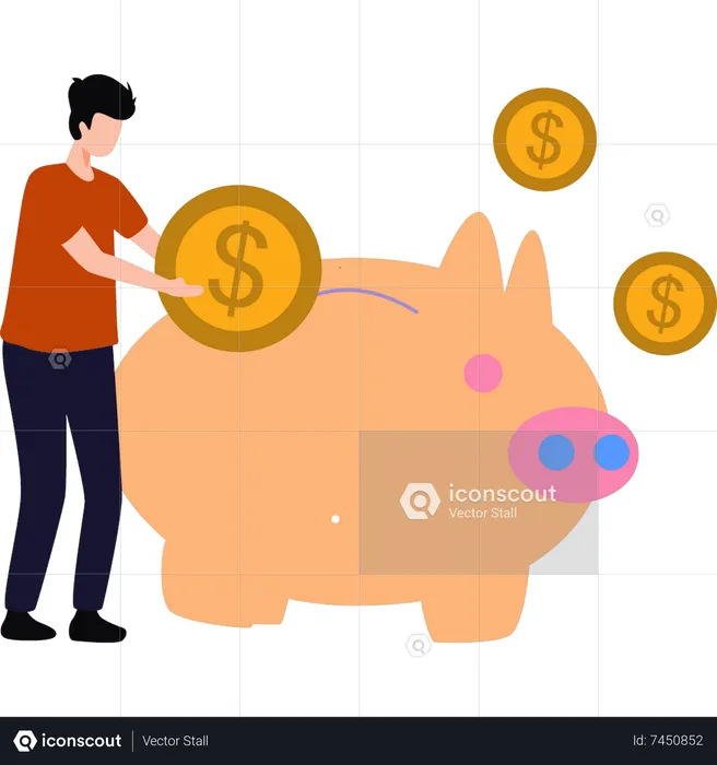 O homem está economizando dinheiro no cofrinho  Ilustração