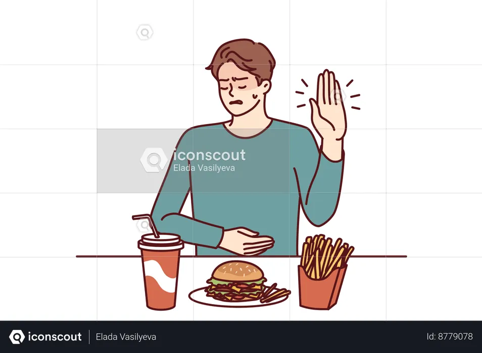 O homem está evitando fast food  Ilustração