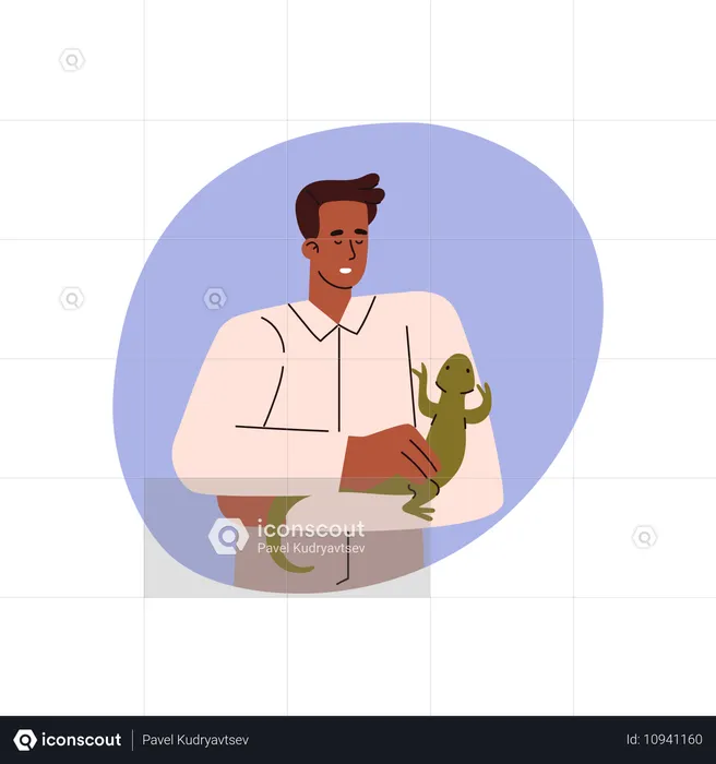 O homem está olhando para uma iguana verde  Ilustração