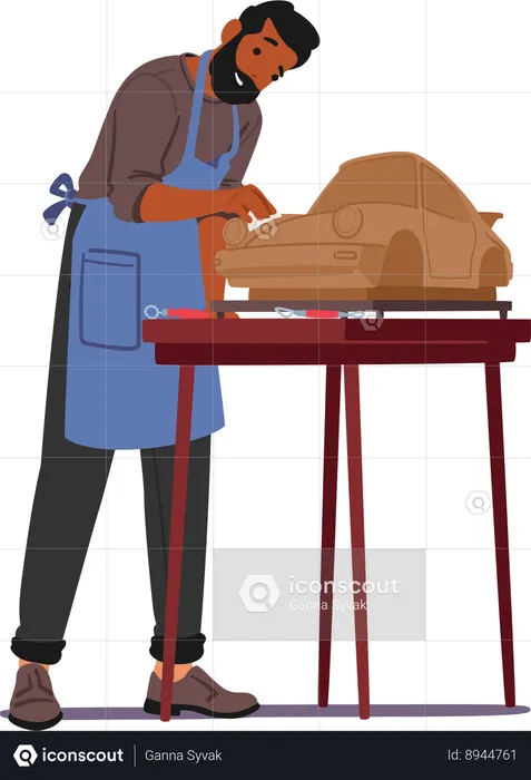 O homem está preparando o modelo do carro  Ilustração