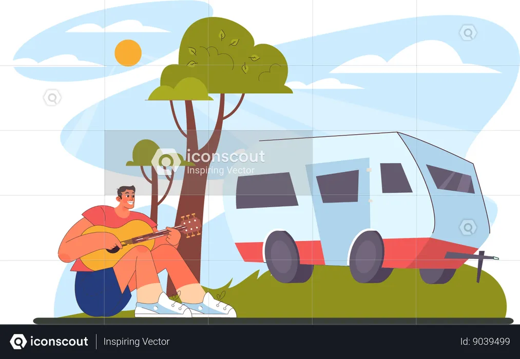 Homem está tocando violão na floresta  Ilustração