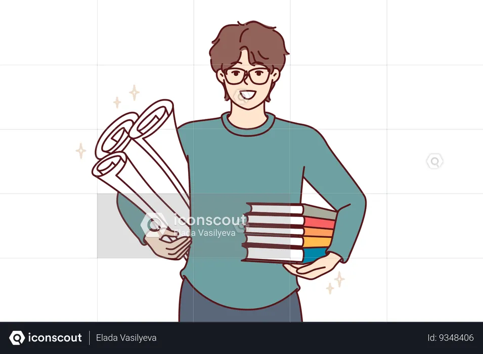 Estudante de homem com livros e papéis para criar desenhos de engenharia  Ilustração