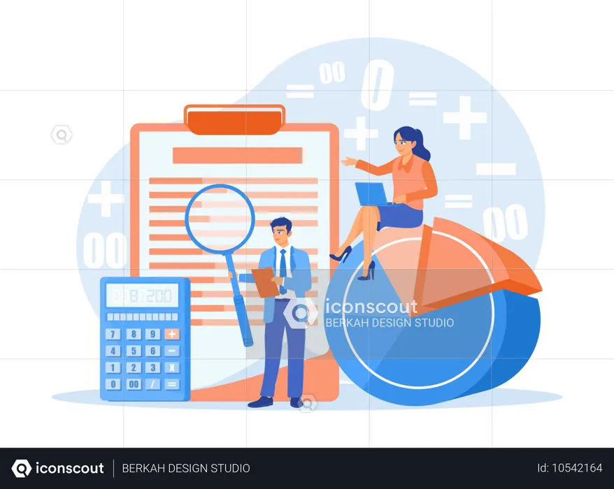 Homem examina conta usando lupa e mulher calcula relatórios financeiros usando laptops e calculadoras  Ilustração
