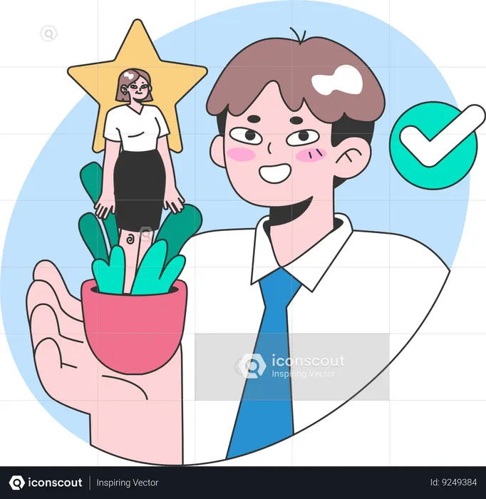 Homem apresentando uma mulher de sucesso em pé no topo da planta em uma estrela  Ilustração