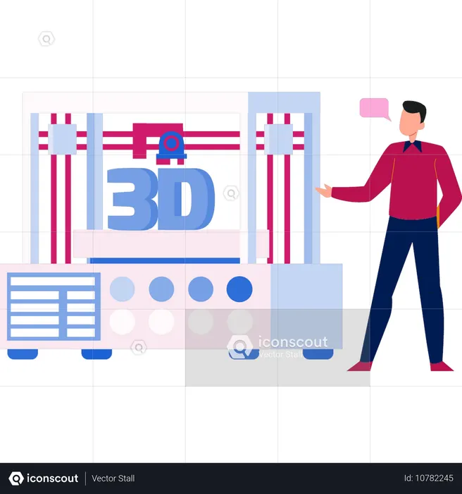 Homem falando sobre máquina impressora 3D  Ilustração