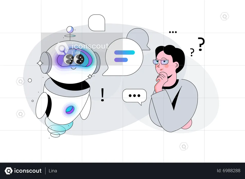 Homem faz pergunta ao robô de inteligência artificial  Ilustração