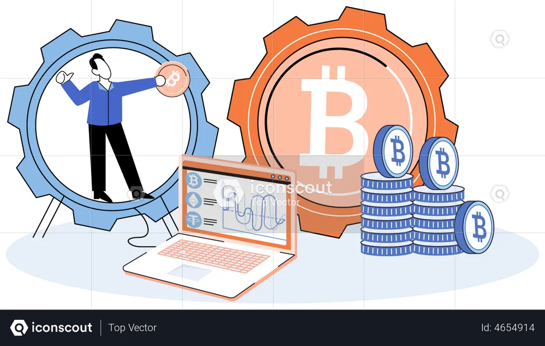 Homem fazendo análise de bitcoin  Ilustração