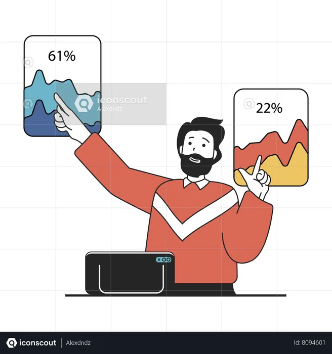 Homem fazendo análise técnica no gráfico de ações  Ilustração