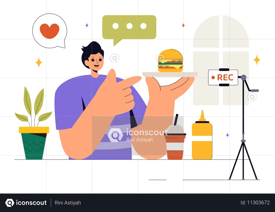 Homem fazendo blog de comida  Ilustração