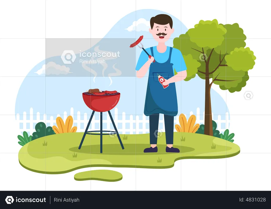 Homem fazendo churrasco na churrasqueira  Ilustração