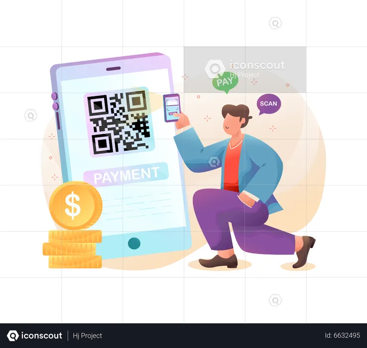 Homem fazendo leitura de código QR e pagamento  Ilustração