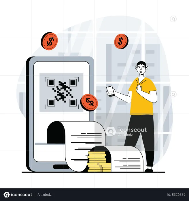 Homem fazendo pagamento por código QR  Ilustração