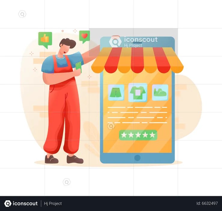 Homem fazendo compras no aplicativo móvel  Ilustração