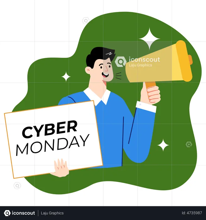 Homem fazendo marketing de venda na Cyber Monday  Ilustração