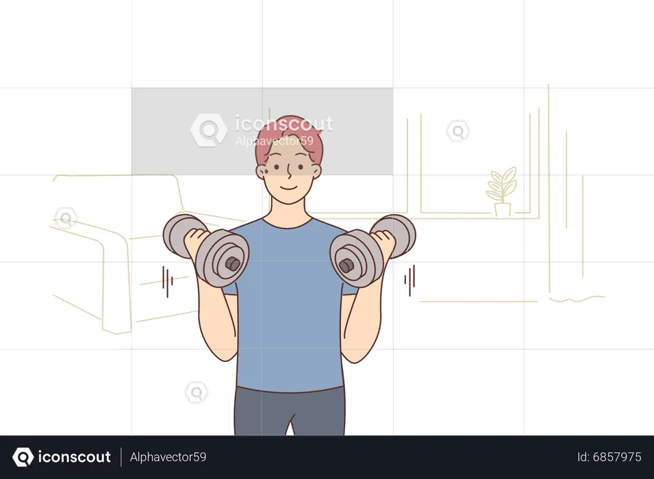 Homem fazendo treino com halteres  Ilustração