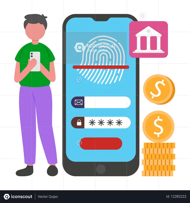 Homem fazendo login biométrico no banco  Ilustração