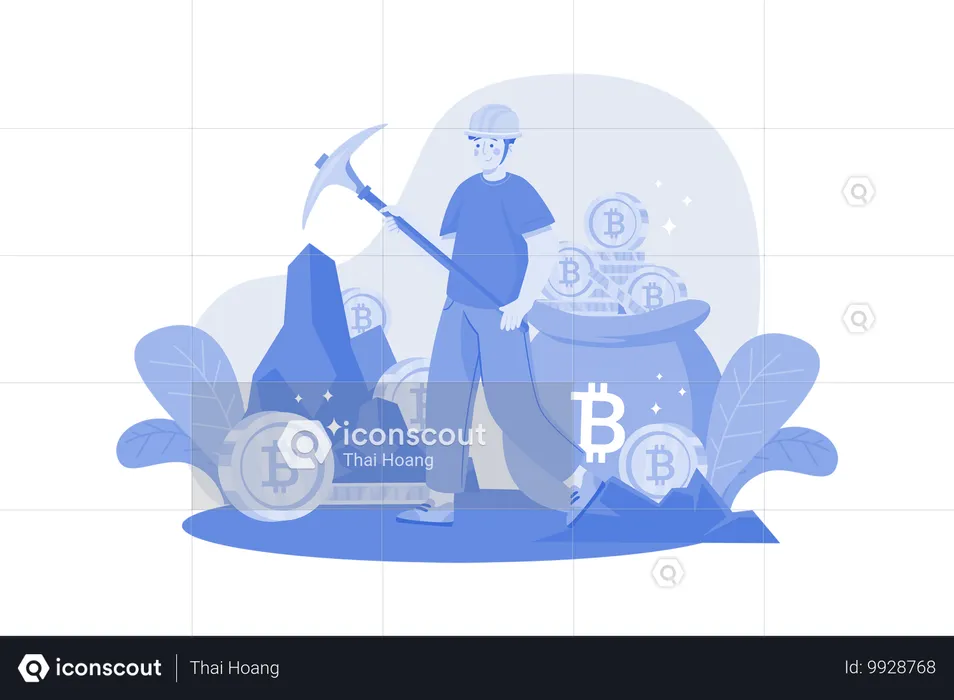 Homem fazendo mineração de criptomoeda  Ilustração