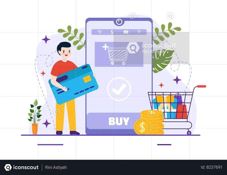 Homem fazendo pagamento com cartão em compras on-line  Ilustração