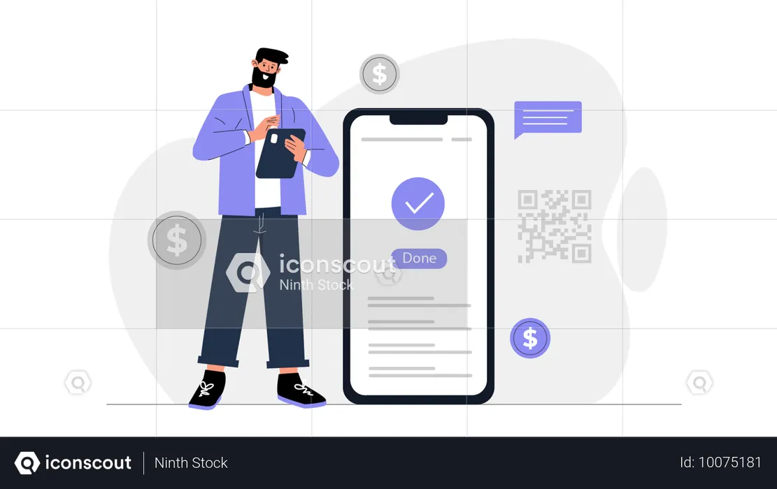Homem fazendo pagamento por código QR  Ilustração