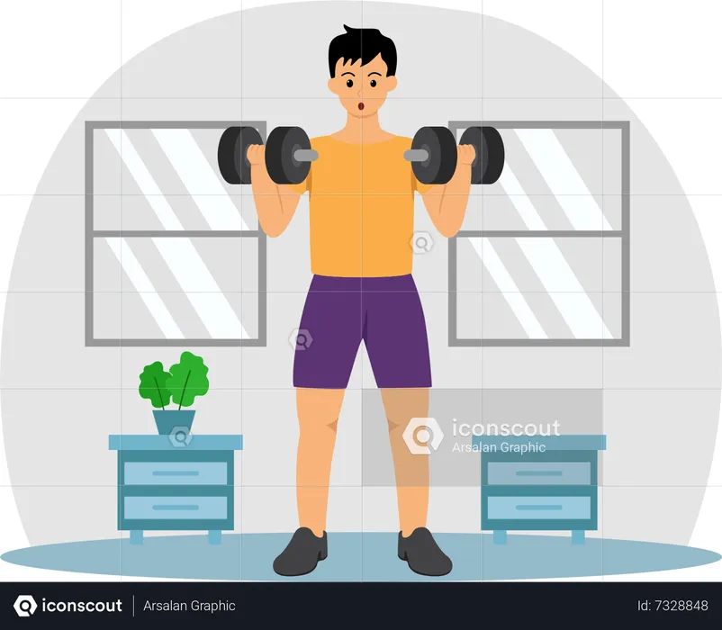 Homem fazendo treino de bíceps com halteres  Ilustração