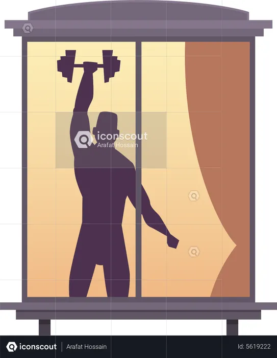 Homem fazendo treino vista da janela  Ilustração