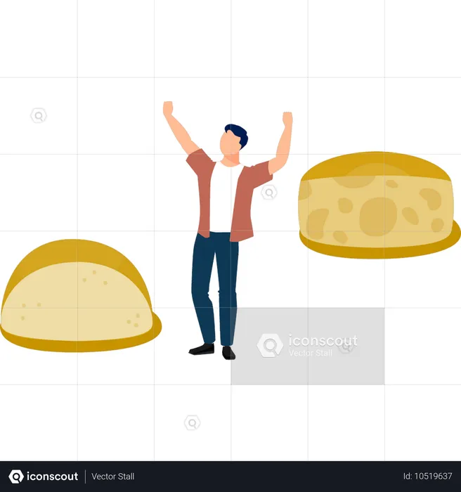 Homem feliz com bloco de queijo amarelo  Ilustração