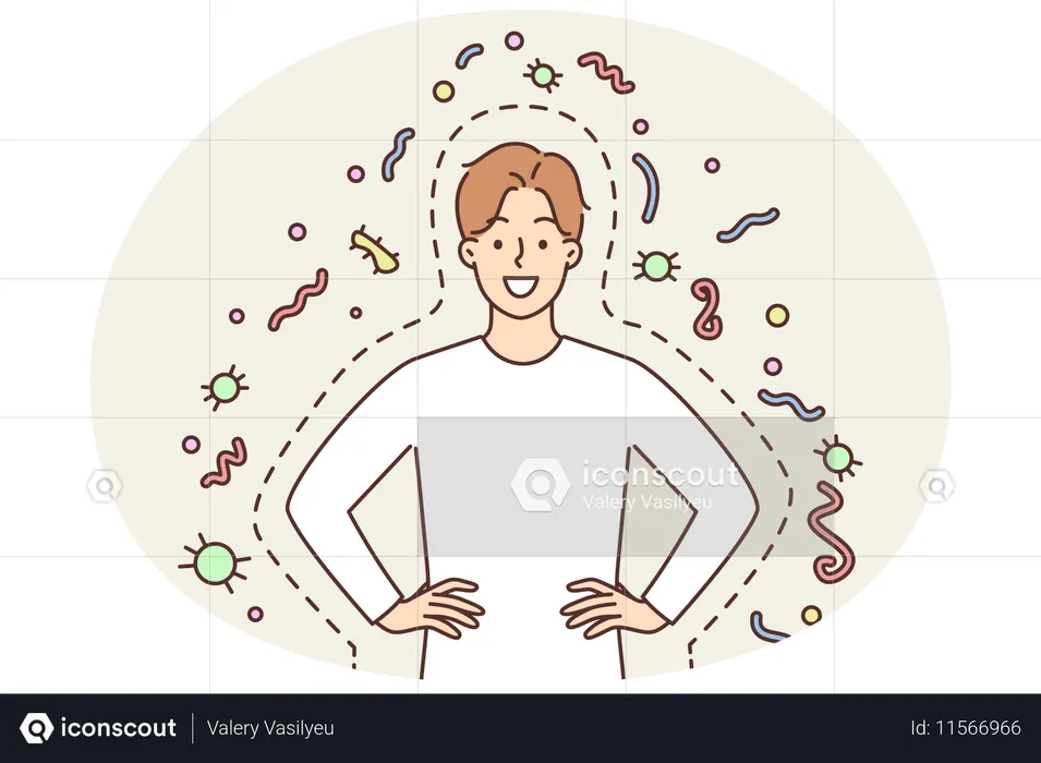 Homem feliz com boa imunidade sorrindo e segurando as mãos no cinto em pé entre bactérias e parasitas  Ilustração