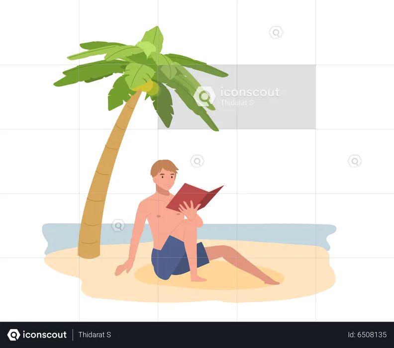 Homem feliz na praia enquanto lê o livro  Ilustração