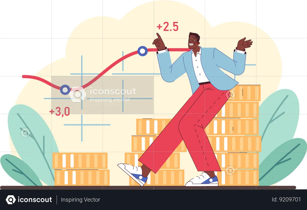 Homem feliz por obter crescimento de investimento  Ilustração