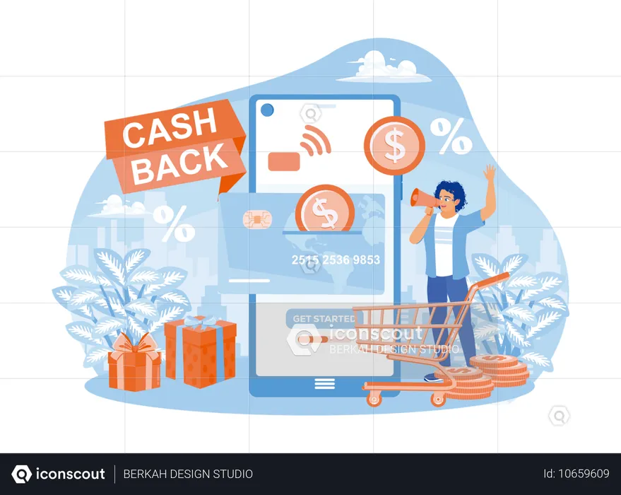 Homem feliz recebendo cashback online  Ilustração