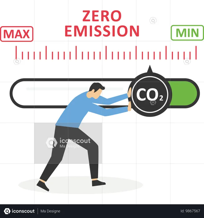 Homem girando o ponteiro da seta do medidor para o nível mais baixo de CO2  Ilustração