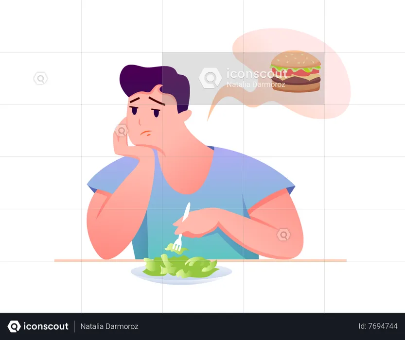 Homem gordo comendo comida saudável  Ilustração