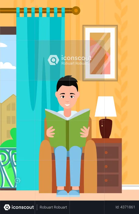 Homem gosta de ler livro sentado em uma poltrona  Ilustração