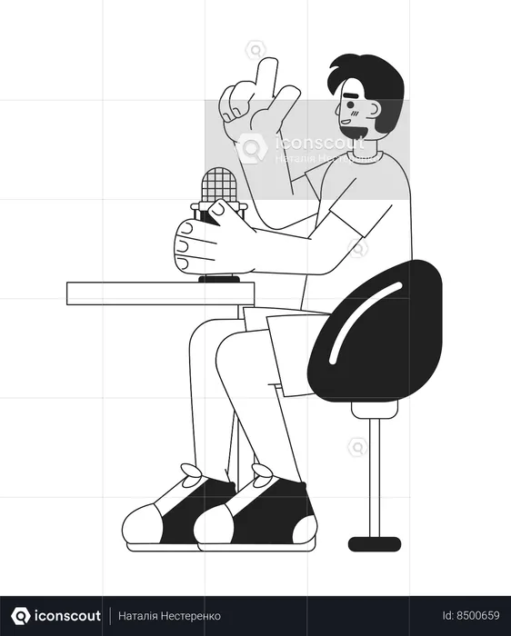 Homem hispânico barbudo falando em podcast de microfone  Ilustração