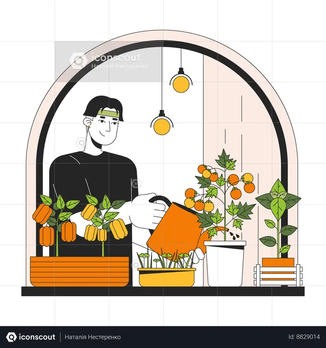 Homem jardinagem vegetal interior  Ilustração