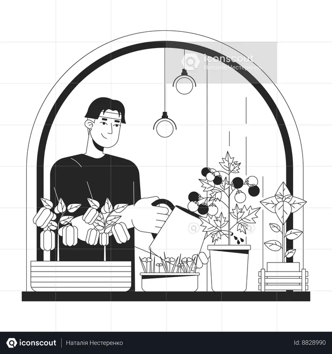 Homem jardinagem vegetal interior  Ilustração