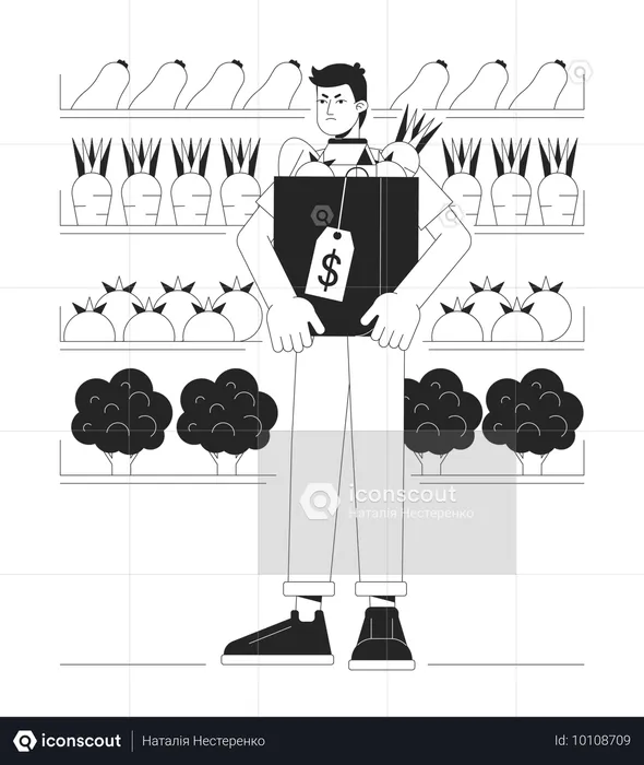 Homem infeliz no supermercado  Ilustração