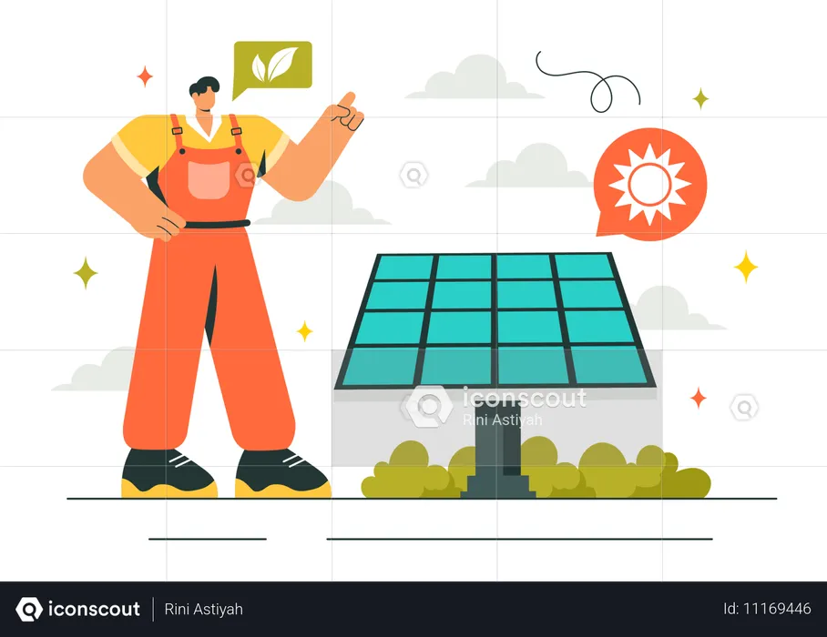 Homem instalando painel solar  Ilustração