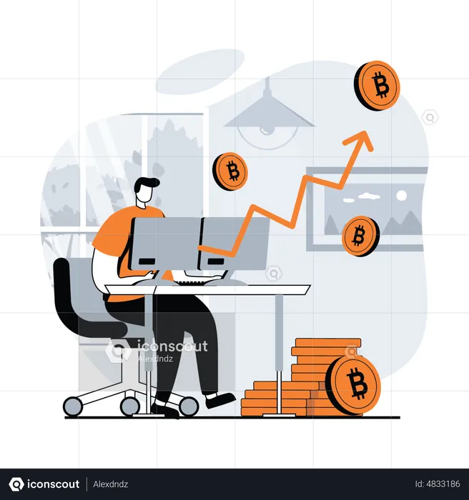 Homem investindo em bitcoin  Ilustração