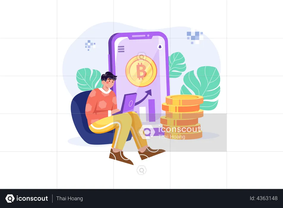 Homem investindo em criptomoeda  Ilustração